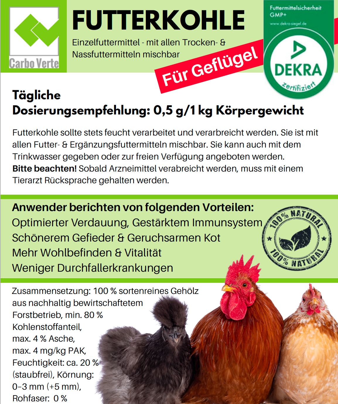Futterkohle für Hühner zur Verdauungsförderung und bei Durchfall